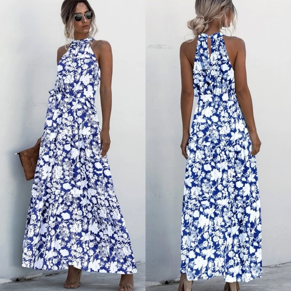 Belted boho ruffle halter maxi dress dot leopard print red - Picture 5 of 6